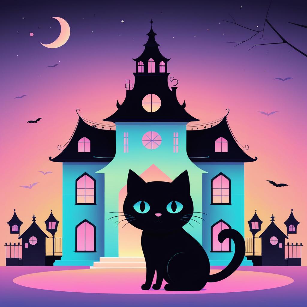 Kawaii Black Cat in a Haunted House