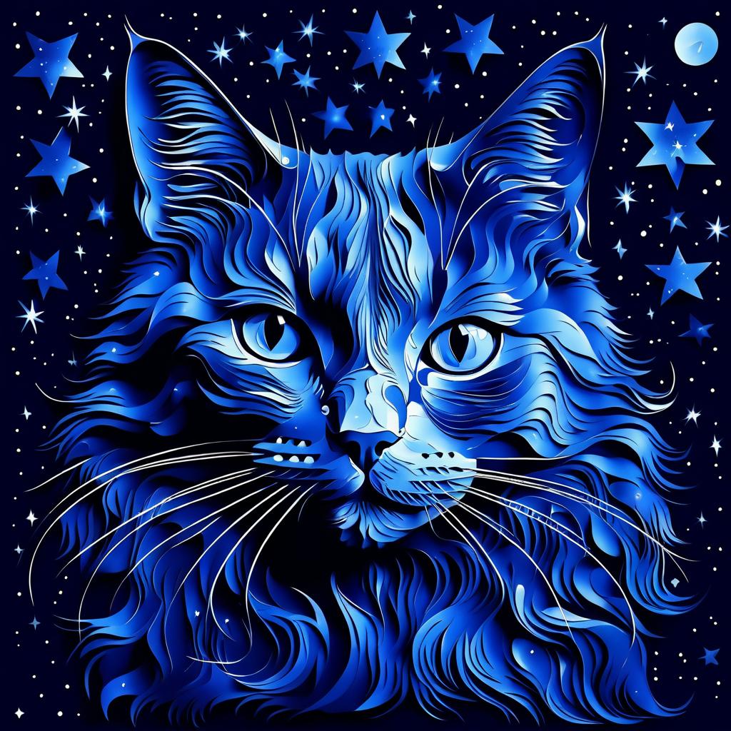 Surreal Starry Cat Portrait in Blue