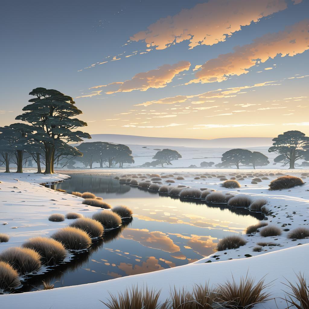 Tranquil Frosted Moor with Gentle Snowfall