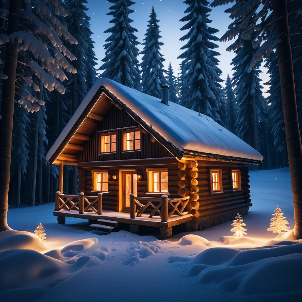 Cozy Cabin in Snowy Forest Scene