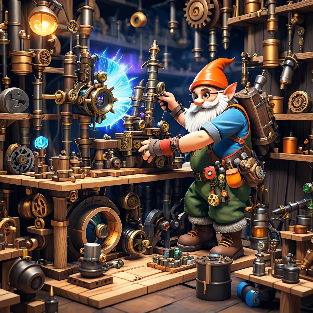 Gnome Engineer in Whimsical Workshop Scene