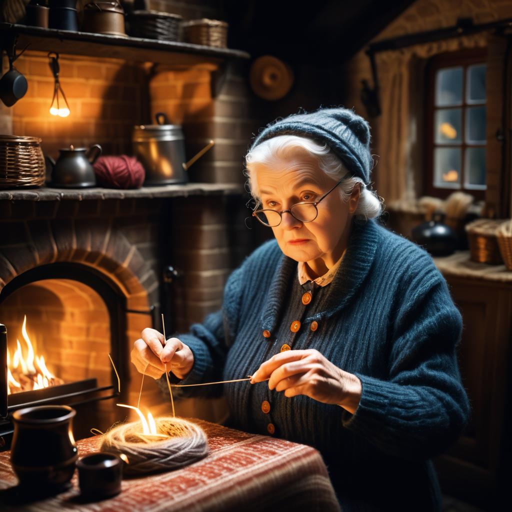 Vintage Cottage Scene: Wise Woman Knitting