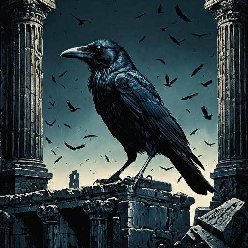 Elegant Crow on Ancient Ruins Illustration