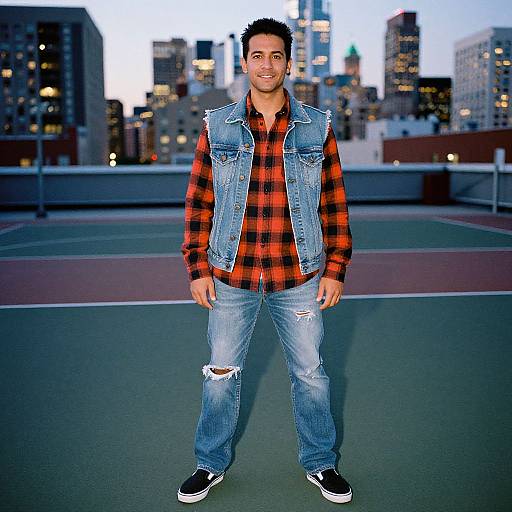 Photograph of a young man with short black hair, wearing a red plaid shirt, denim vest, ripped jeans, and black sneakers, standing on