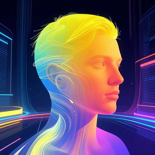 Neon-lit, futuristic CGI portrait of a bald, androgynous figure with vibrant, rainbow-colored lines tracing the contours of their face and