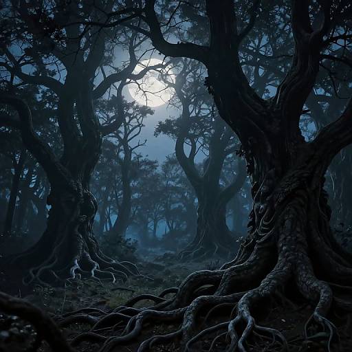 Dark, eerie forest at night with moonlight filtering through twisted, shadowy trees; gnarled roots dominate the foreground, creating a haunting atmosphere.