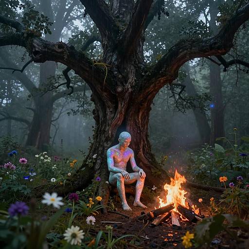 Surreal Oak Spirit in Foggy Forest