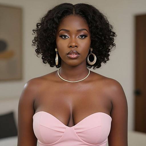 Photograph of a beautiful Black woman with curly hair, wearing a strapless pink dress, pearl necklace, and large hoop earrings, against a blurred indoor