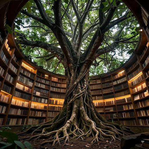 Photograph of a massive, gnarled tree with extensive roots, centered in a circular library with warmly lit wooden shelves filled with books.