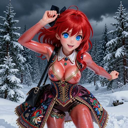 Vibrant Anime Girl in Snowy Forest