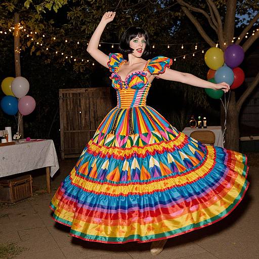 Photograph of a woman with short black hair, colorful, vibrant, rainbow-patterned ball gown, dancing outdoors at night, surrounded by balloons and string