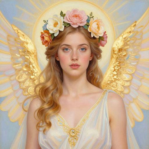Digital painting of a fair-skinned, blue-eyed angelic woman with flowing blonde hair, wearing a white gown and floral crown, golden wings, and