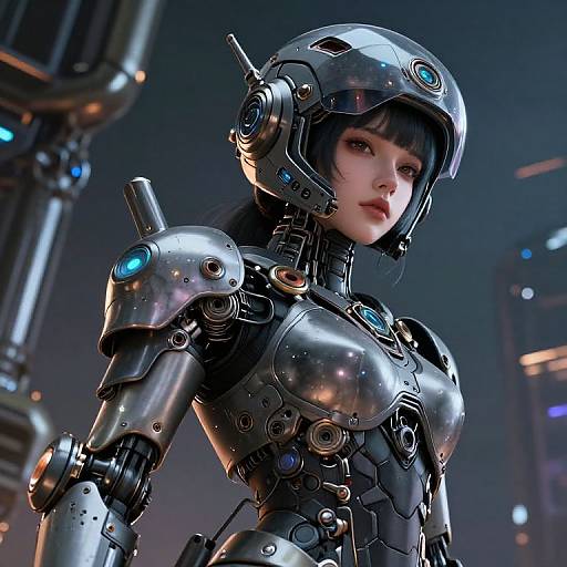 Cyberpunk-style CGI of a young woman with pale skin, black hair, and metallic robotic armor, featuring glowing blue accents, in a futuristic city