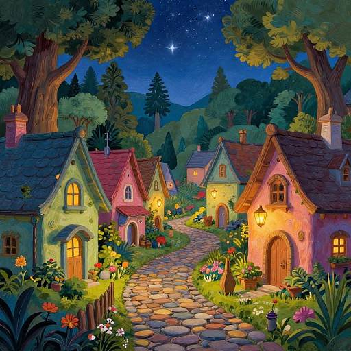 Whimsical, colorful digital illustration of a magical, starlit village with glowing cottages, a stone path, lush gardens, and towering trees under