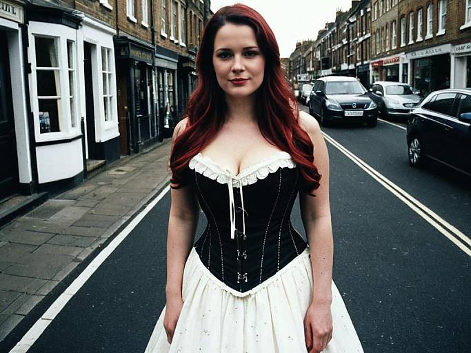 Photograph of a fair-skinned woman with long red hair, wearing a black and white corseted dress, standing on a quiet urban street.