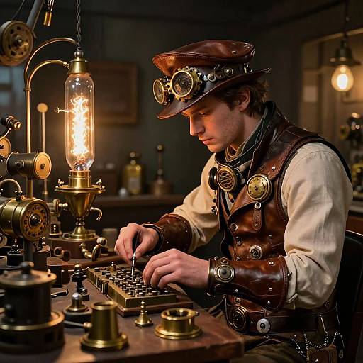 Steampunk-era man in brown leather vest and brass goggles, typing on vintage typewriter under glowing lamp in dimly lit workshop.