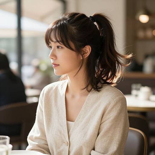 Photograph of a young Asian woman with shoulder-length black hair in a side ponytail, wearing a white linen blazer, sitting in a sunlit
