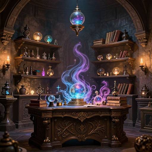 Magical library scene with glowing blue and purple flames on an ornate wooden desk, surrounded by shelves of books and mystical orbs, under a colorful hanging
