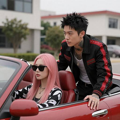 Young couple in red convertible car