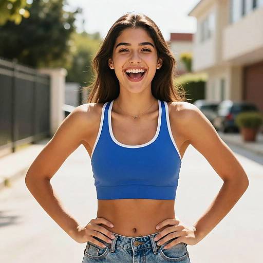 Photograph of a smiling young woman with long brown hair, wearing a blue sports bra and denim jeans, standing outdoors on a sunny street.