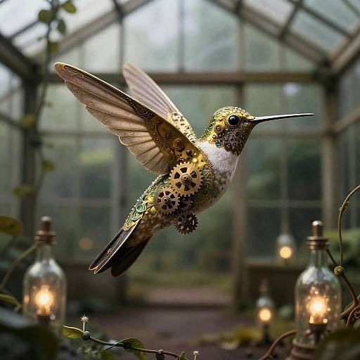 Steampunk Clockwork Hummingbird in Greenhouse