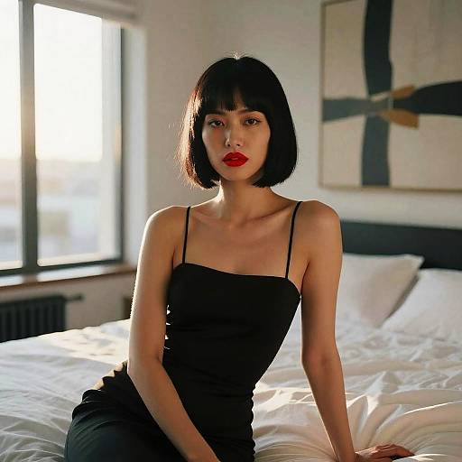 Photograph of an Asian woman with a black bob haircut, red lipstick, and black spaghetti strap dress, sitting on a sunlit bed in a modern
