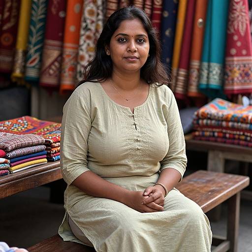 Photograph of a South Asian woman with dark hair, medium build, wearing a cream-colored traditional dress, sitting on a wooden bench in a colorful fabric