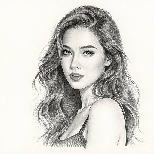 Detailed black-and-white pencil drawing of a beautiful woman with long wavy hair, wearing a sleeveless top, gazing softly at the viewer.