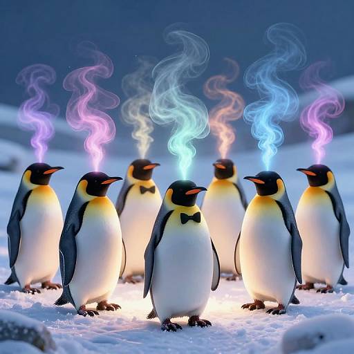Photograph of six penguins with glowing, colored smoke (pink, blue, and white) emerging from their heads, standing on snowy ground at night