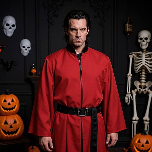 Photograph of a stern-faced man with black hair wearing a red robe with black belt, standing in a dark room with Halloween decorations: skulls, skeleton