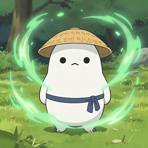 Cute white, round, chibi-like creature with a straw hat and blue sash, standing in a green forest, surrounded by glowing green energy
