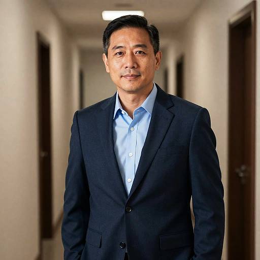 Photograph of an Asian man with short black hair, wearing a dark navy suit and light blue shirt, standing in a dimly lit, white-w