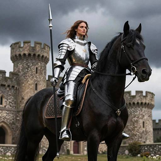 Woman Knight on Black Horse