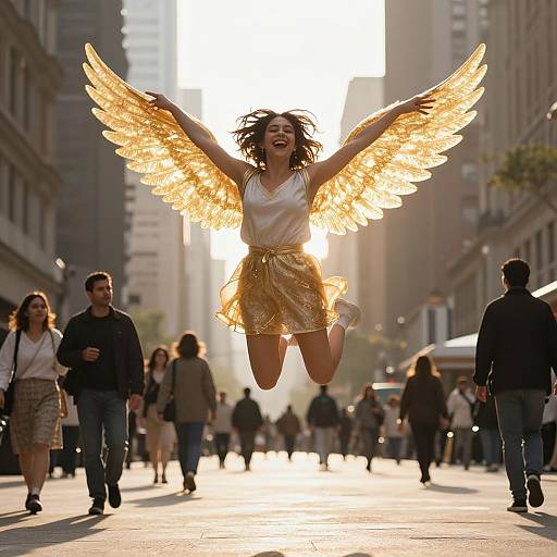 Photograph of a joyful woman with glowing golden wings, jumping mid-air in a sunlit urban street, surrounded by pedestrians.