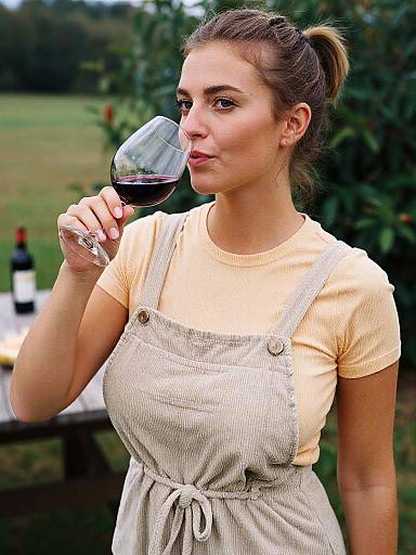 Photograph of a young woman with light brown hair in a ponytail, wearing a beige apron over a yellow shirt, sipping red wine outdoors