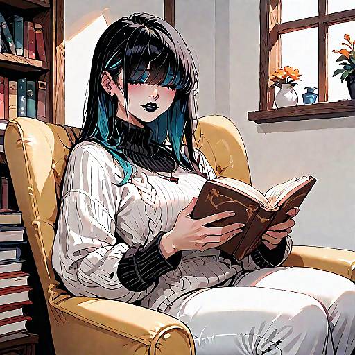 Anime Character Reading by Fireplace