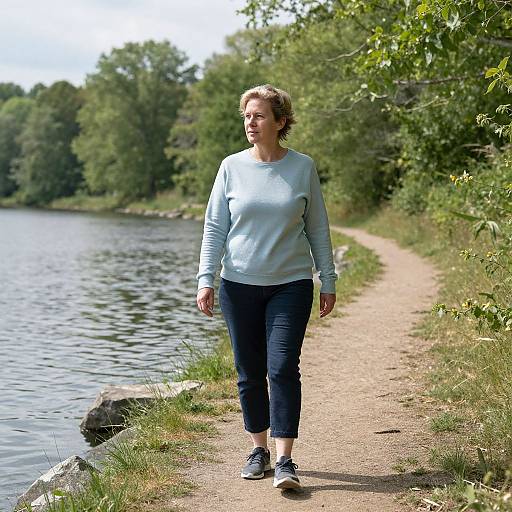 Photograph of a middle-aged woman with short brown hair, wearing a light blue sweater and dark blue pants, walking along a riverside path on a