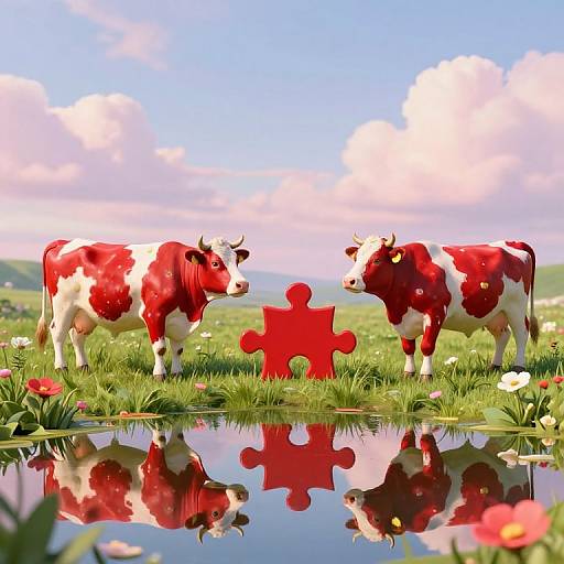 Surreal Cows with Puzzle Pieces in Meadow