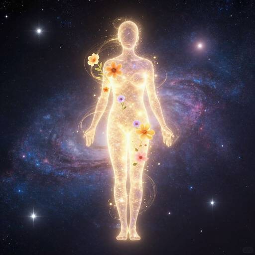 Glowing silhouette of a person with colorful flowers on their body, set against a cosmic galaxy background with stars. Digital art.