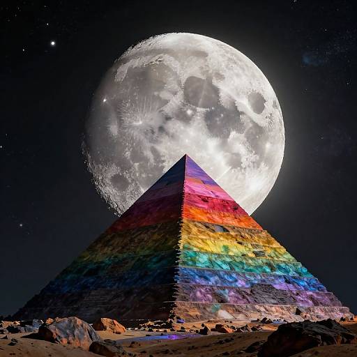Cosmic Crescent Moon and Colorful Pyramid