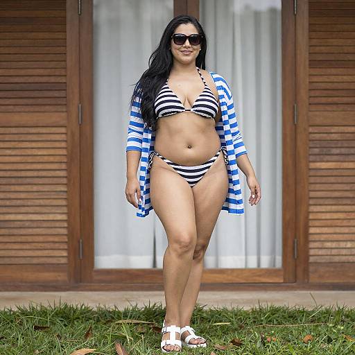 Confident Curvy Woman in Striped Beachwear