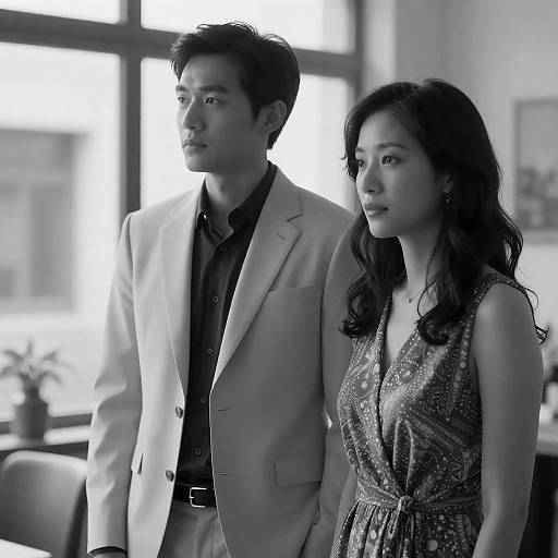 Black-and-White Portrait of Man and Woman Indoors