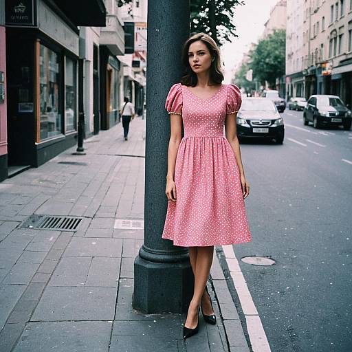 Photograph of a young woman with light brown hair, wearing a pink polka-dotted dress and black heels, leaning against a black street pole on