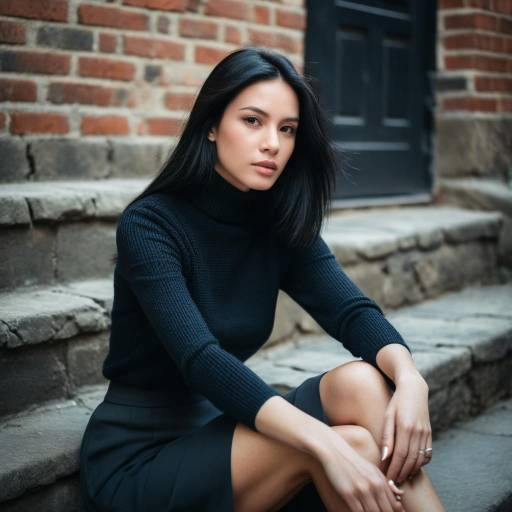 Young woman sitting on stone steps in black outfit