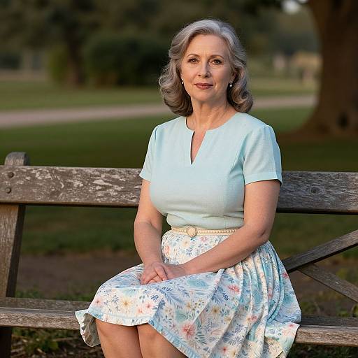 Photograph of a middle-aged woman with gray curly hair, wearing a light blue top and floral skirt, sitting on a wooden bench in a park.