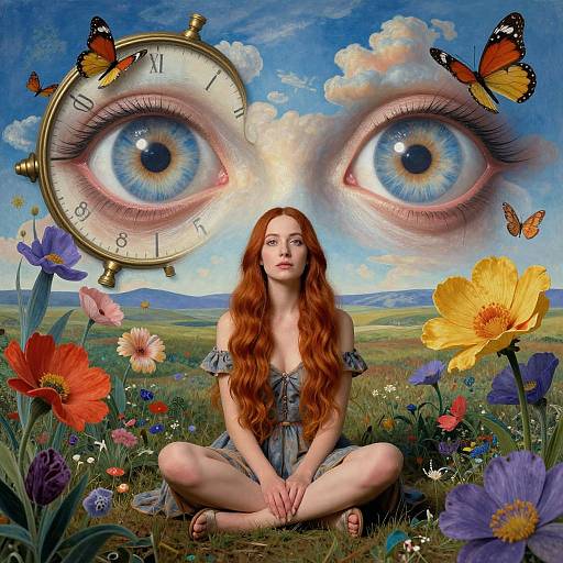 Digital artwork of a red-haired woman in a blue dress, sitting cross-legged in a meadow with large, clock-eyed eyes and butterflies above, surrounded