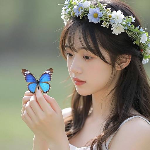 Photograph of an Asian woman with fair skin and long dark hair, wearing a flower crown, gently holding a blue butterfly. Sunlit, blurred green