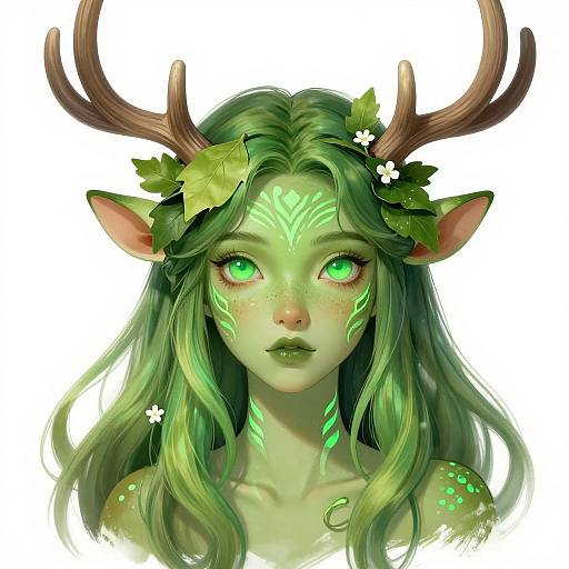 Digital fantasy portrait of a green-skinned, green-eyed, elf-like girl with antlers, leafy hair crown, and glowing tribal markings, against