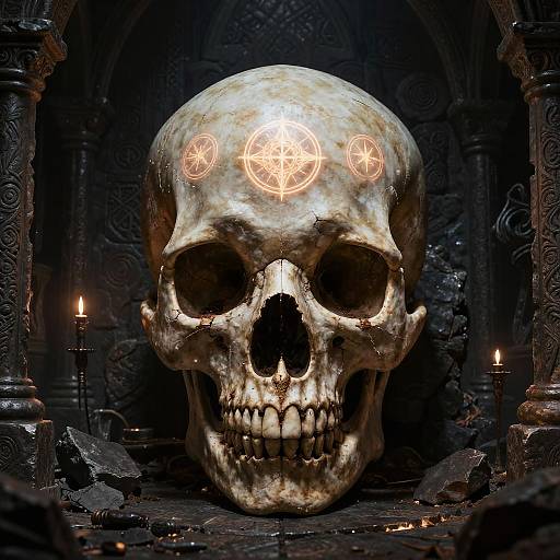 Photorealistic digital art of a glowing, large skull with occult symbols on its forehead, surrounded by dimly lit candles and ornate stone pillars in