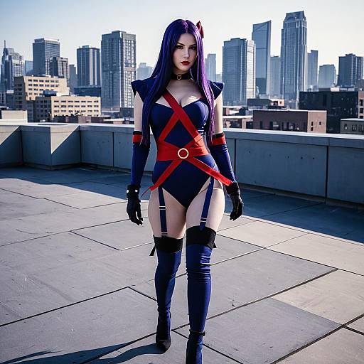 Woman in Navy Blue and Red Cosplay Bodysuit on Rooftop